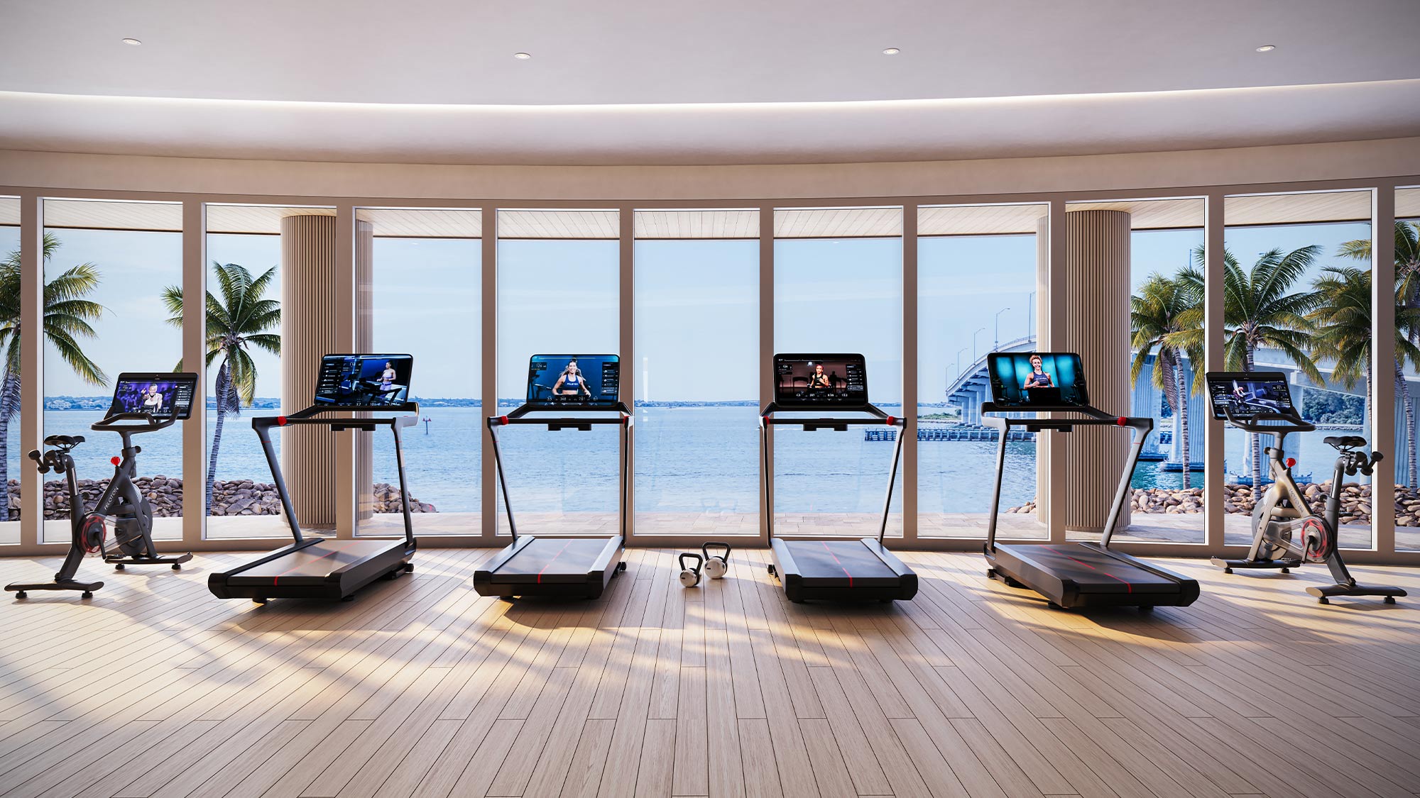 Modern gym with ocean view, palm trees, treadmills and bikes with digital screens positioned at floor-to-ceiling windows