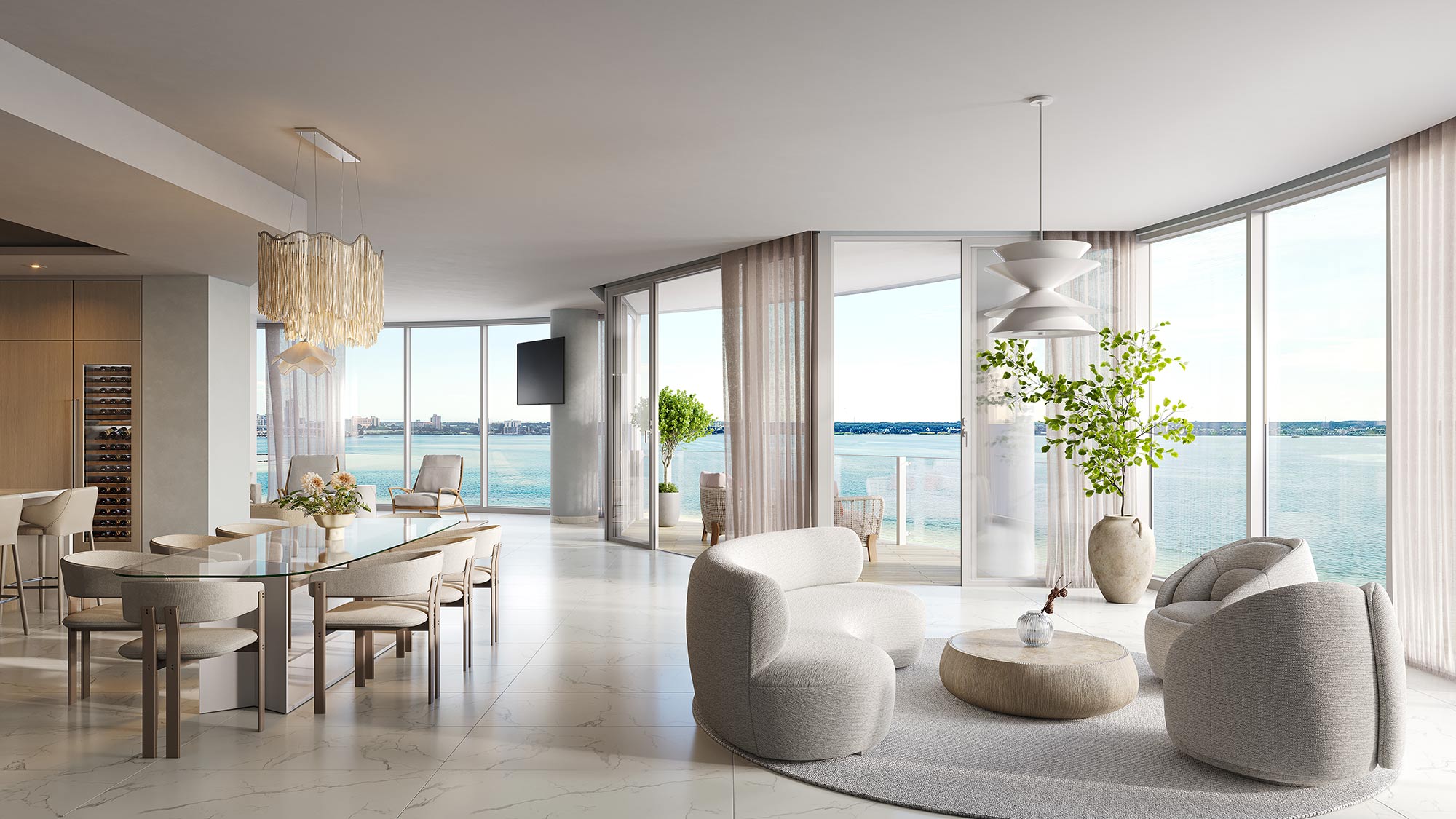 Spacious modern living room with light furniture, glass dining table, floor-to-ceiling windows, panoramic ocean view, balcony