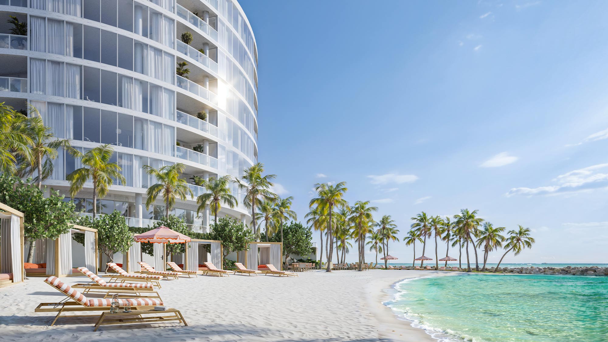 Viceroy-Clearwater-Beach-towers-with-glass-balconies,-sandy-beach,-turquoise-water,-palms,-breakwater,-bridge-under-blue-sky